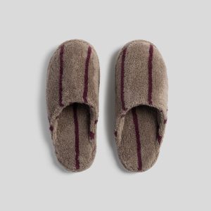 Turkish Cotton Stripe Slippers (Warm Grey with Garnet)